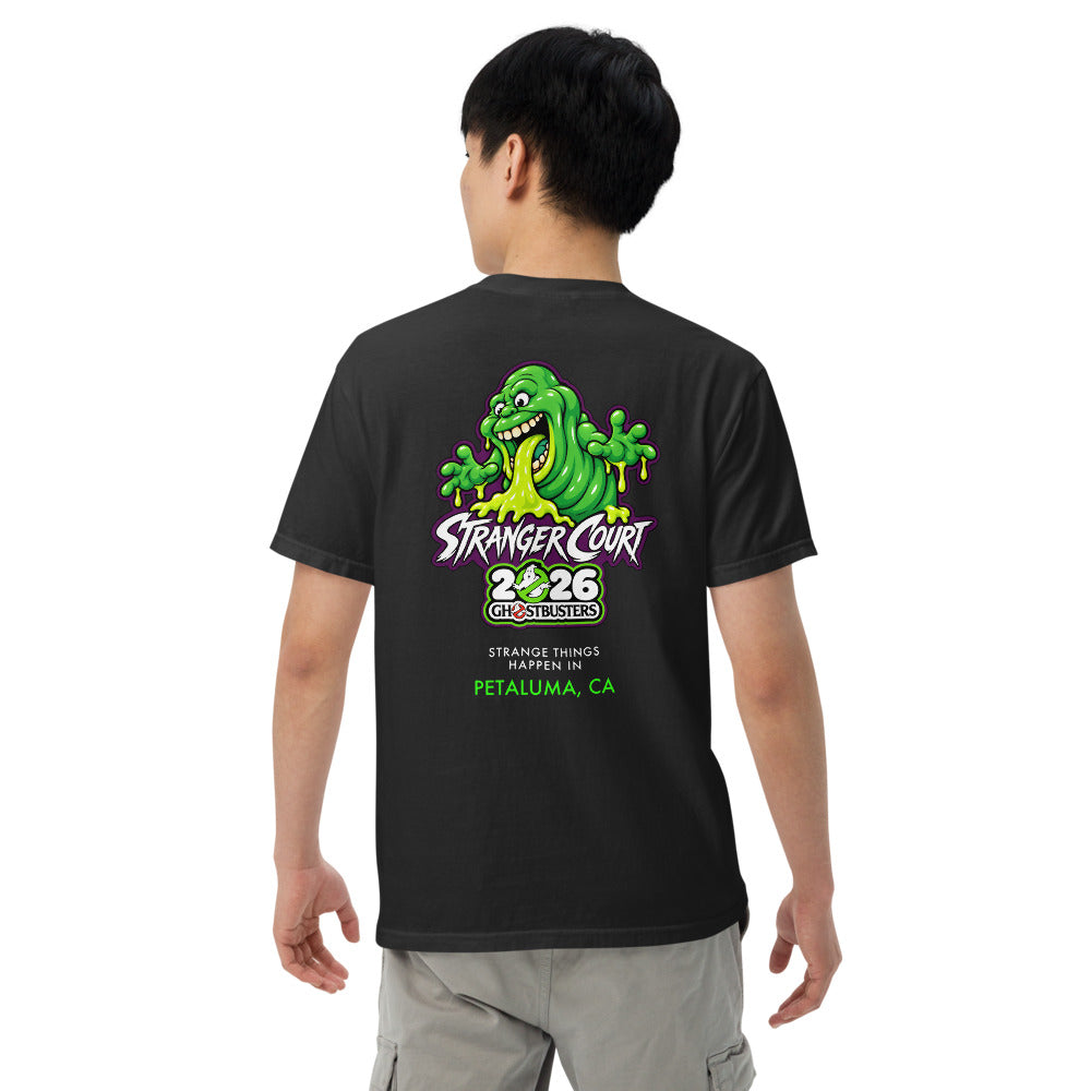 2026 Stranger Court Experience — Slimer Men's Tee — on model, back