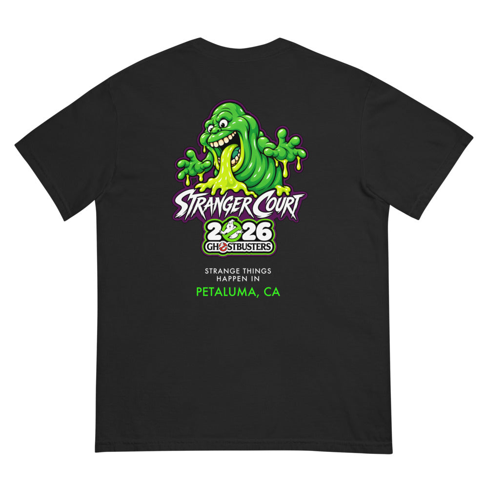 2026 Stranger Court Experience — Slimer Men's Tee — flat lay, back