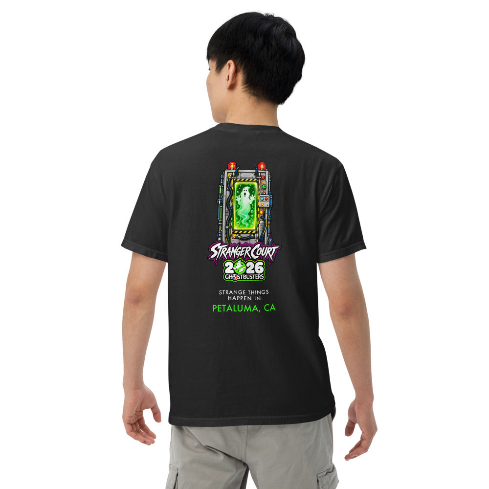 2026 Stranger Court Experience — Ghost Containment Unit Men's Tee — on model, back
