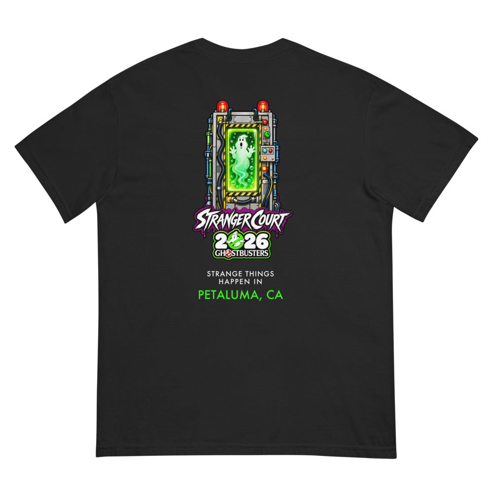 2026 Stranger Court Experience — Ghost Containment Unit Men's Tee — flat lay, back