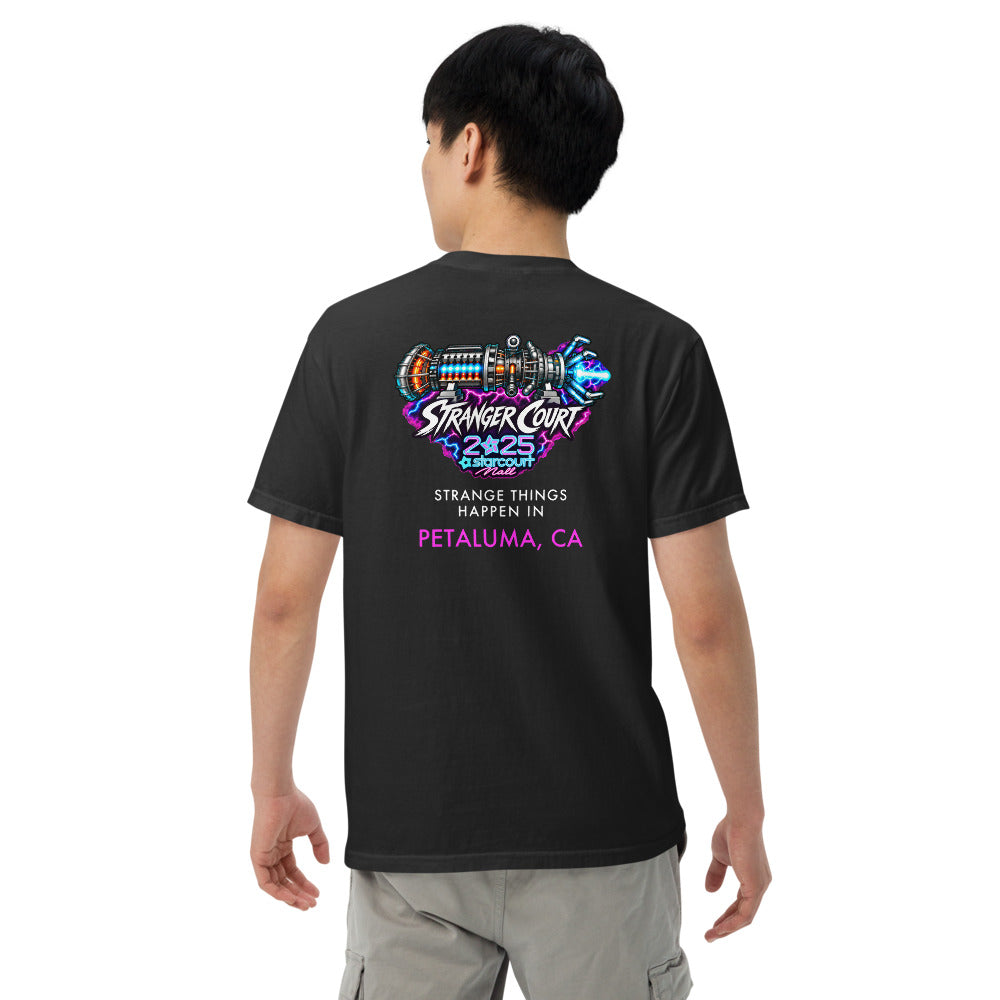 2025 Stranger Court Experience — Starcourt Laser Men's Tee — on model, back