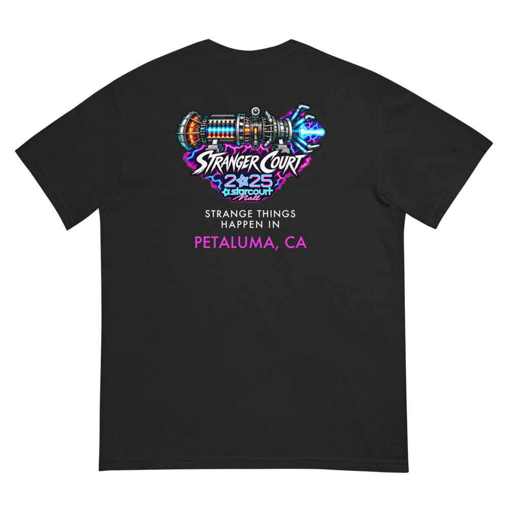2025 Stranger Court Experience — Starcourt Laser Men's Tee — flat lay, back
