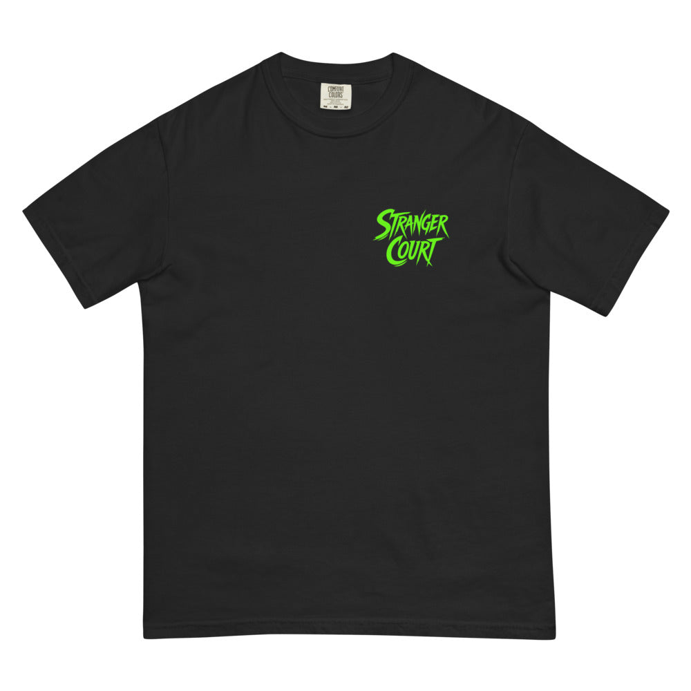 2026 Stranger Court Experience — Slimer Men's Tee — flat lay, front