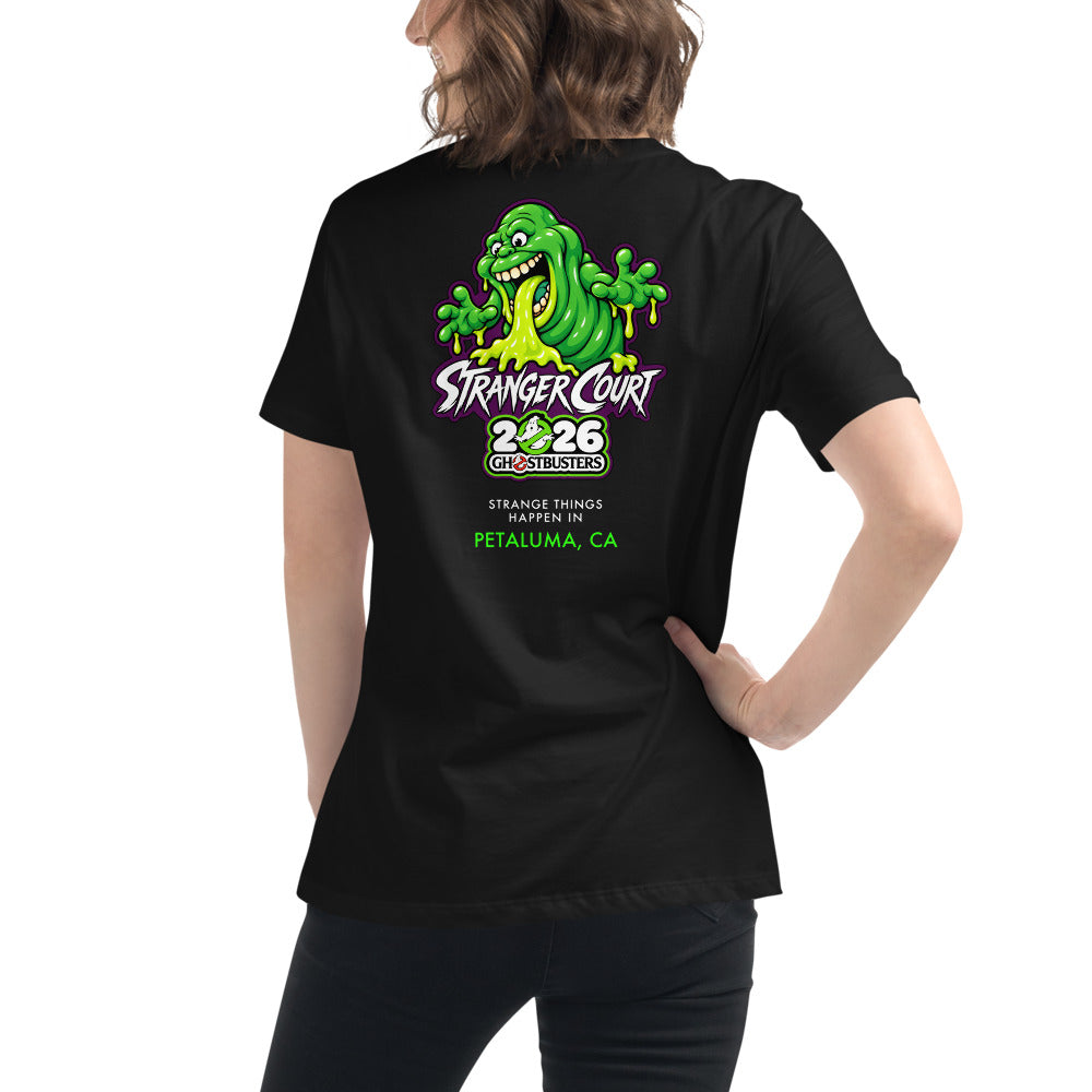 2026 Stranger Court Experience — Slimer Women's Tee — on model, back
