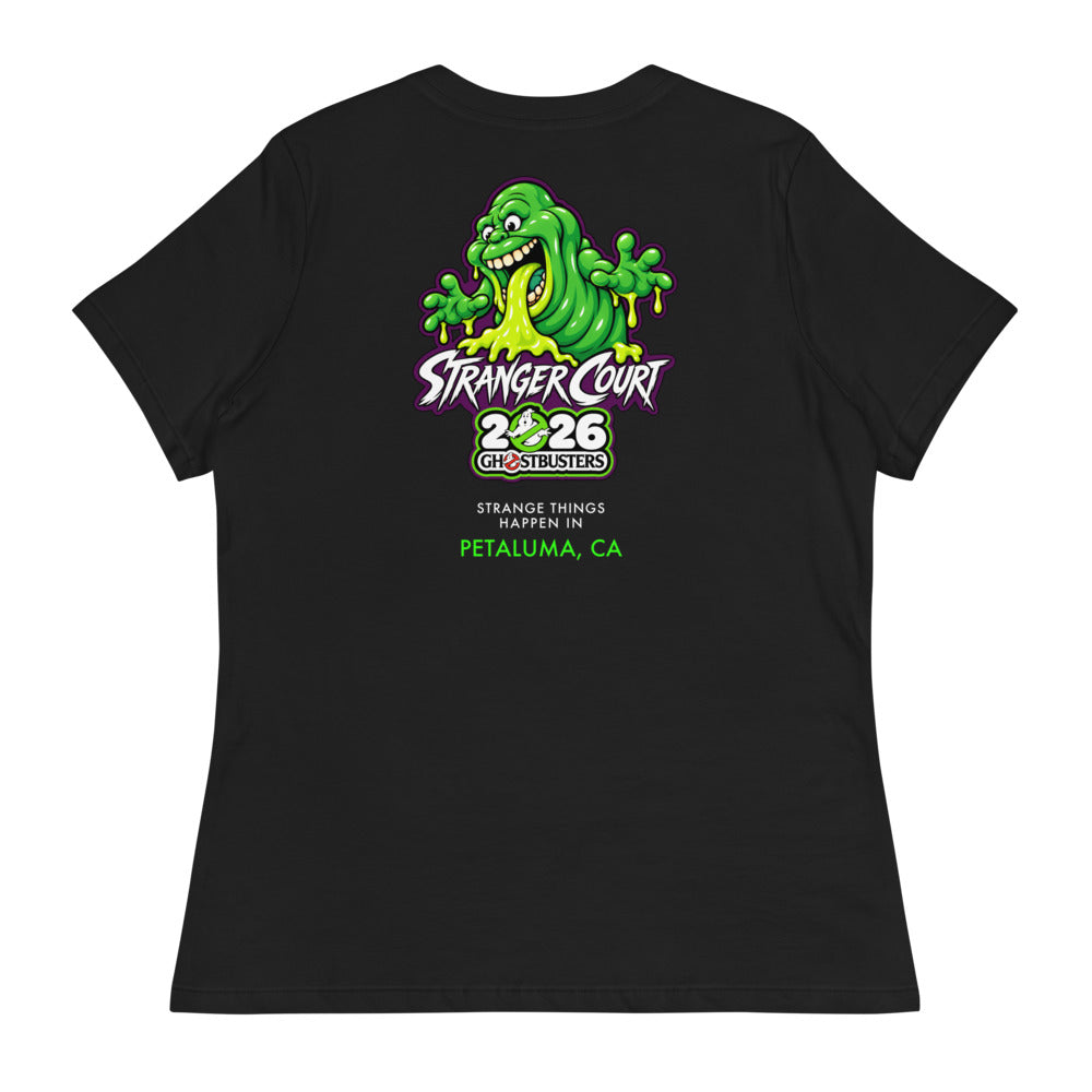 2026 Stranger Court Experience — Slimer Women's Tee — flat lay, back