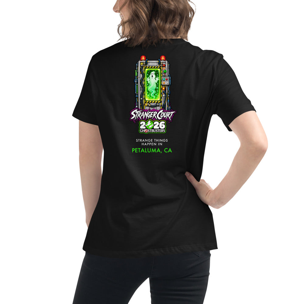 2026 Stranger Court Experience — Ghost Containment Unit Women's Tee — on model, back