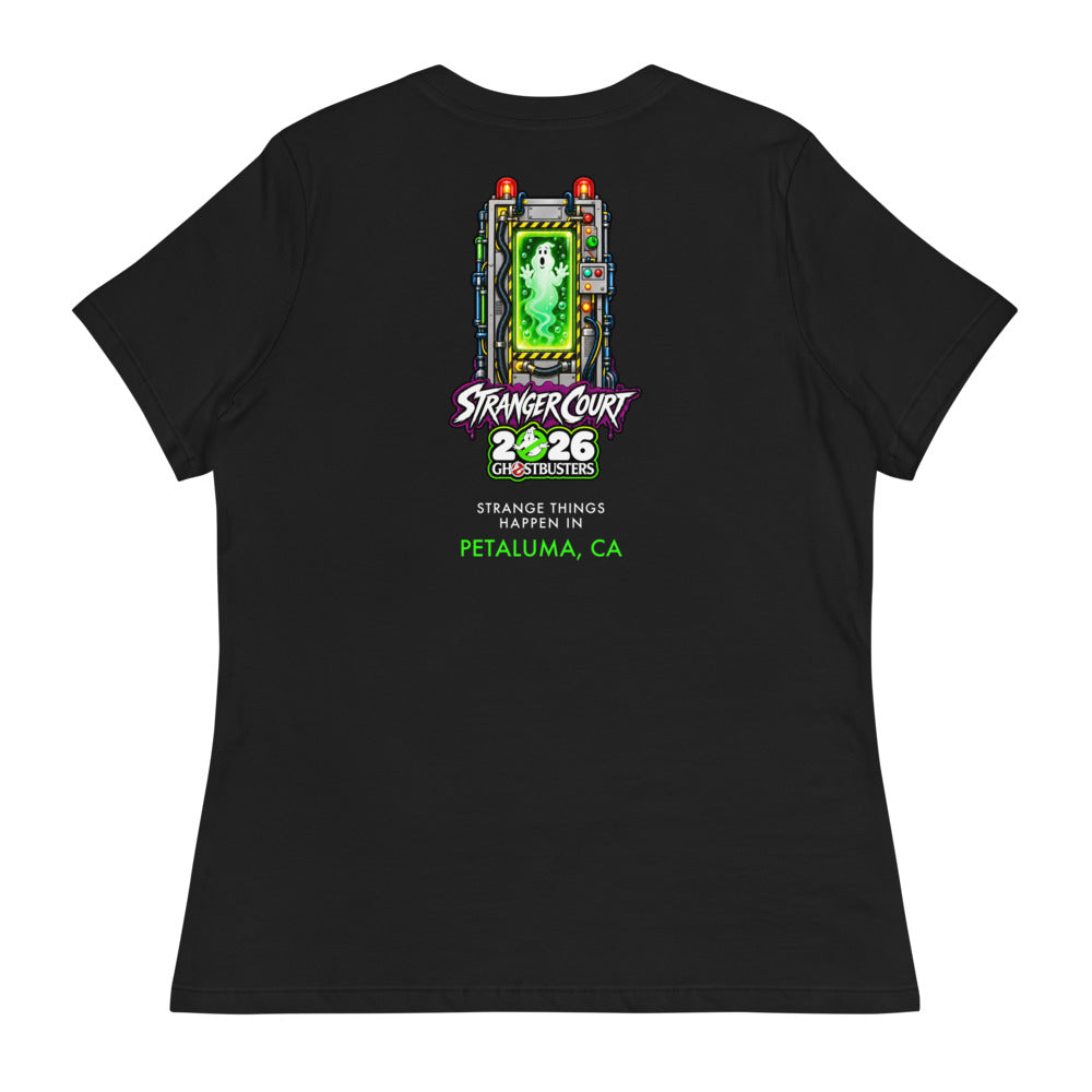 2026 Stranger Court Experience — Ghost Containment Unit Women's Tee — flat lay, back