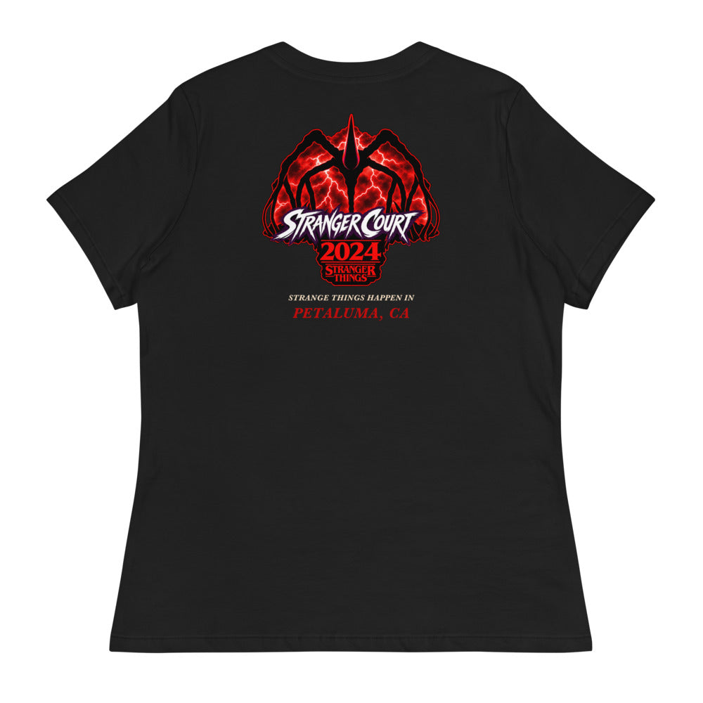 2024 Stranger Court Experience — Mind Flayer Women's Tee — flat lay, back
