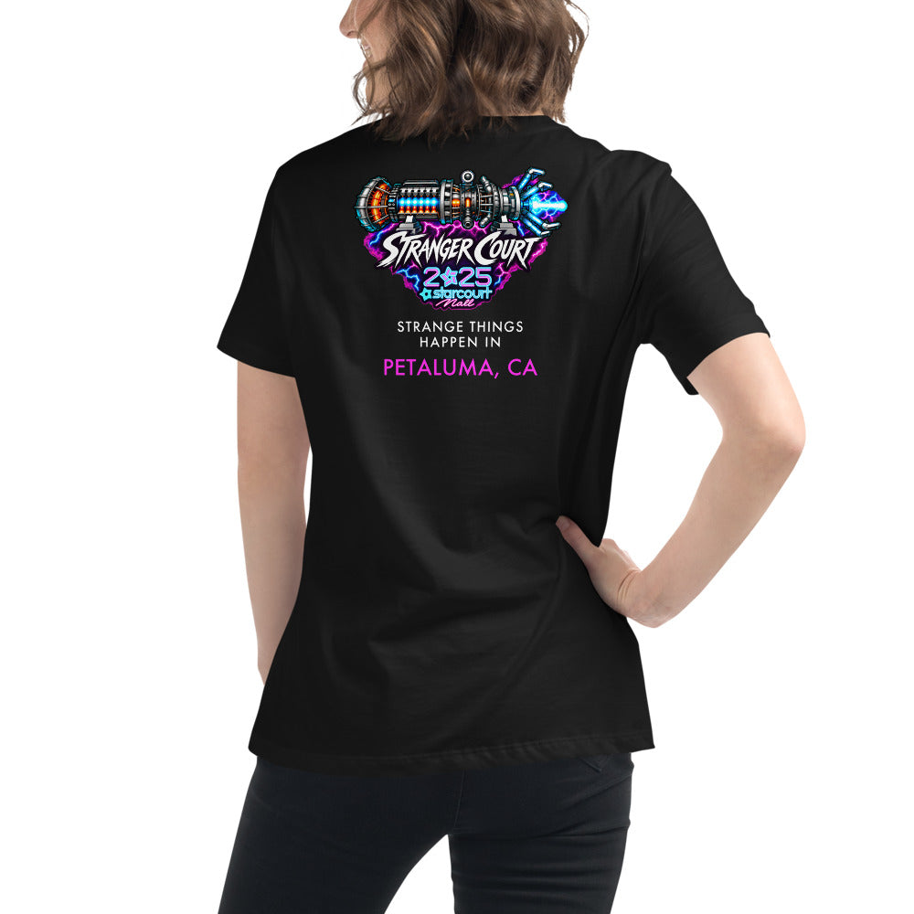 2025 Stranger Court Experience — Starcourt Laser Women's Tee — on model, back