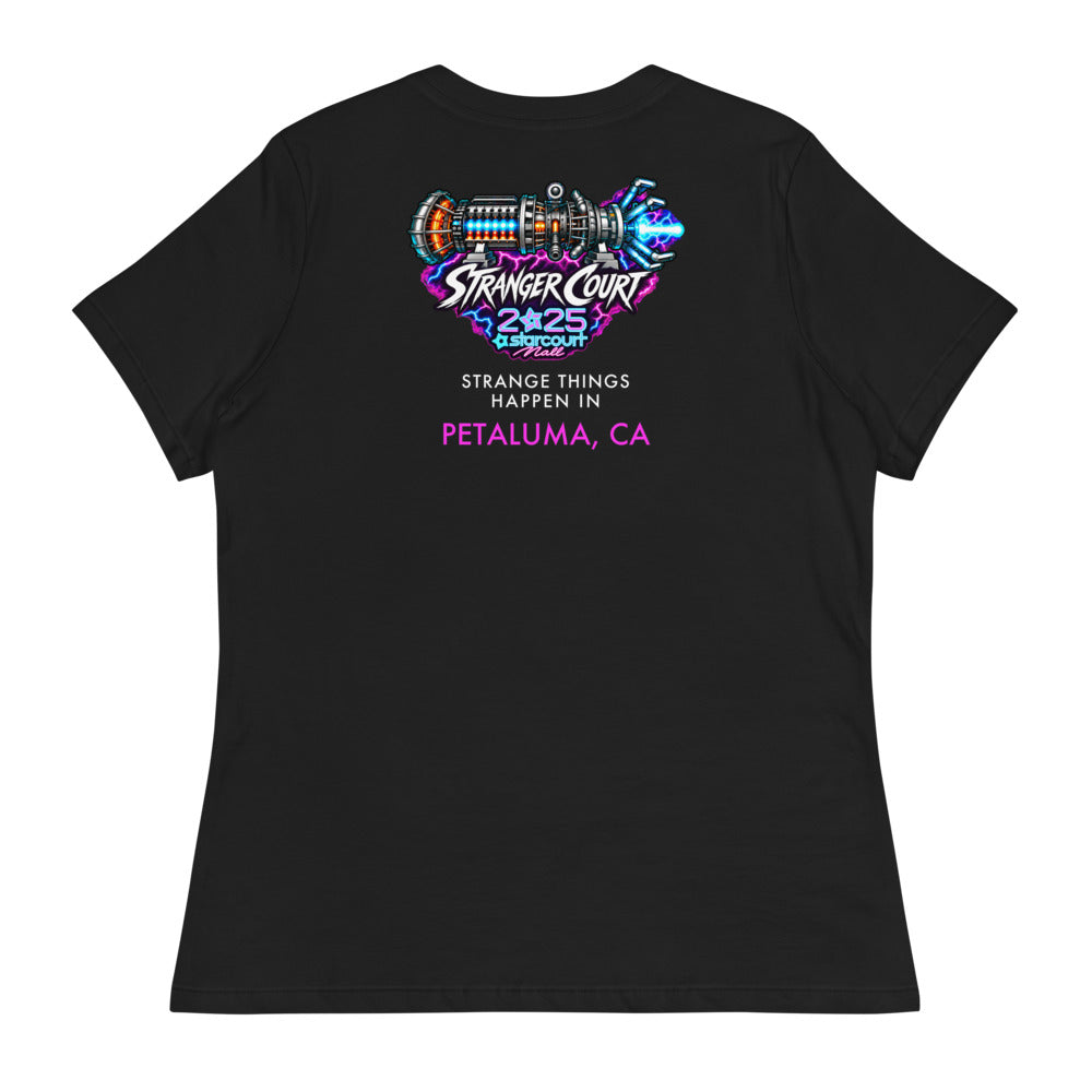 2025 Stranger Court Experience — Starcourt Laser Women's Tee — flat lay, back