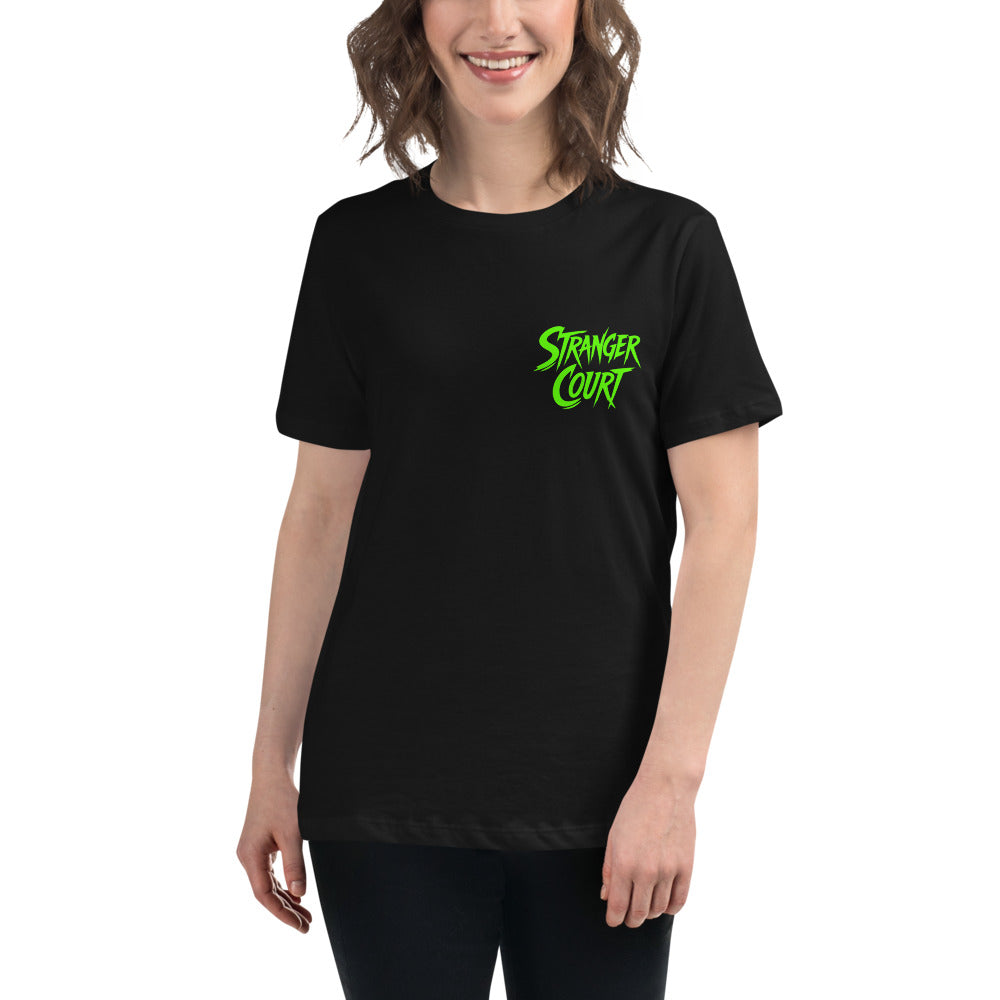 2026 Stranger Court Experience — Ghost Containment Unit Women's Tee — on model, front