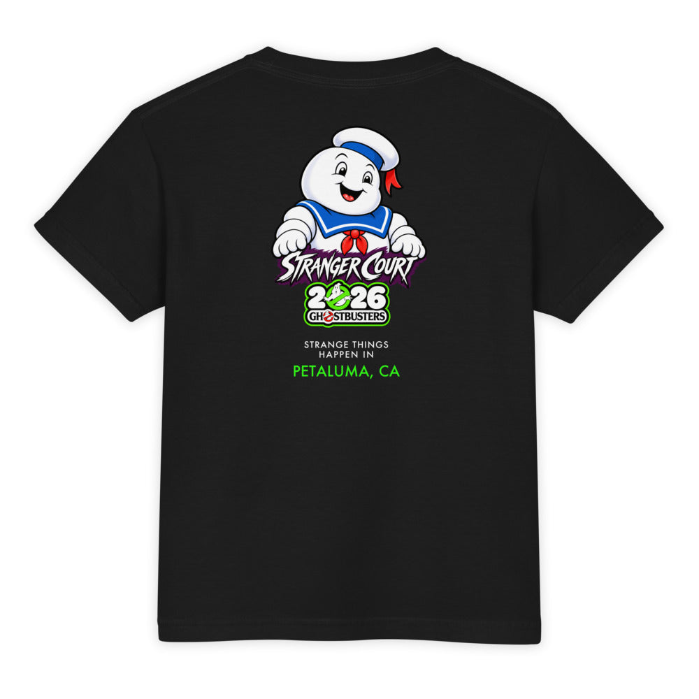 2026 Stranger Court Experience — Stay Puft Youth Tee — flat lay, back