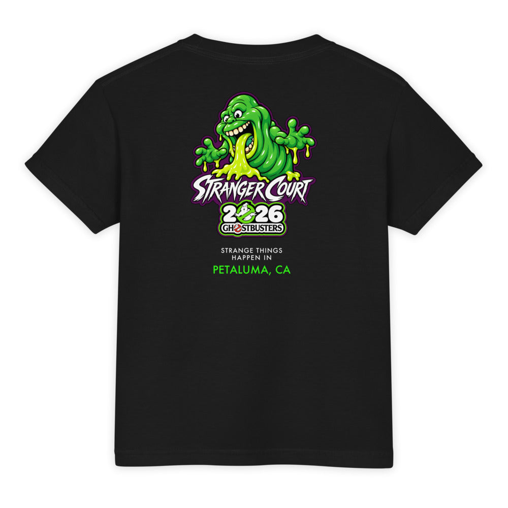 2026 Stranger Court Experience — Slimer Youth Tee — flat lay, back