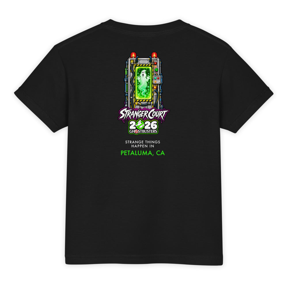 2026 Stranger Court Experience — Ghost Containment Unit Youth Tee — flat lay, back