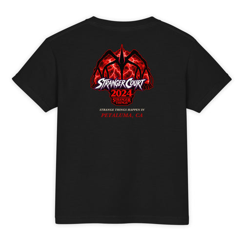 2024 Stranger Court Experience — Mind Flayer Youth Tee — flat lay, back