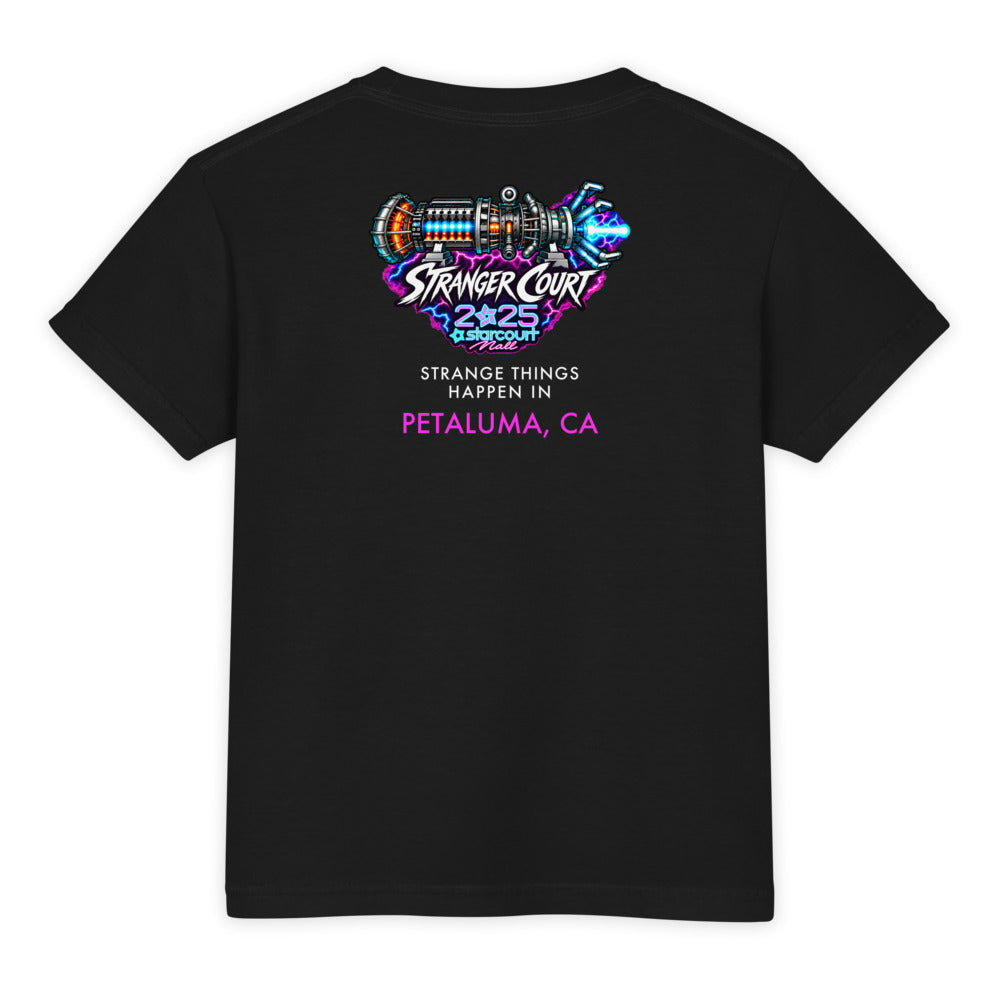 2025 Stranger Court Experience — Starcourt Laser Youth Tee — flat lay, back