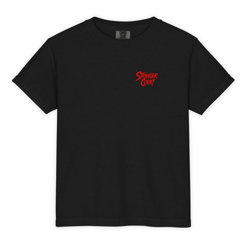 2024 Stranger Court Experience — Rusty Edition Youth Tee — flat lay, front