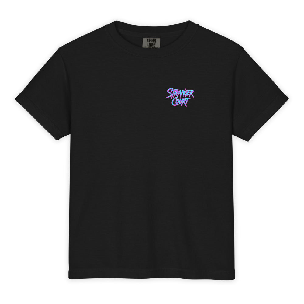 2025 Stranger Court Experience — Rusty Edition Youth Tee — flat lay, front