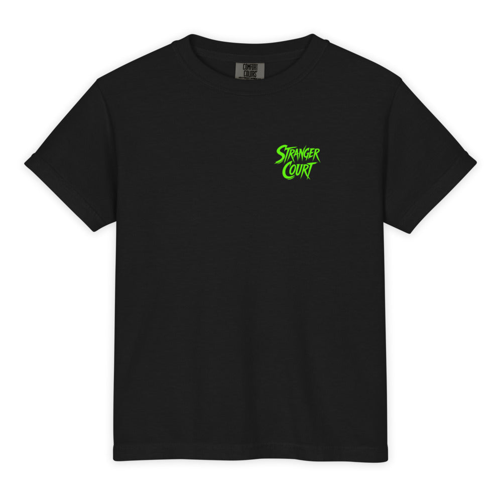 2026 Stranger Court Experience — Stay Puft Youth Tee — flat lay, front